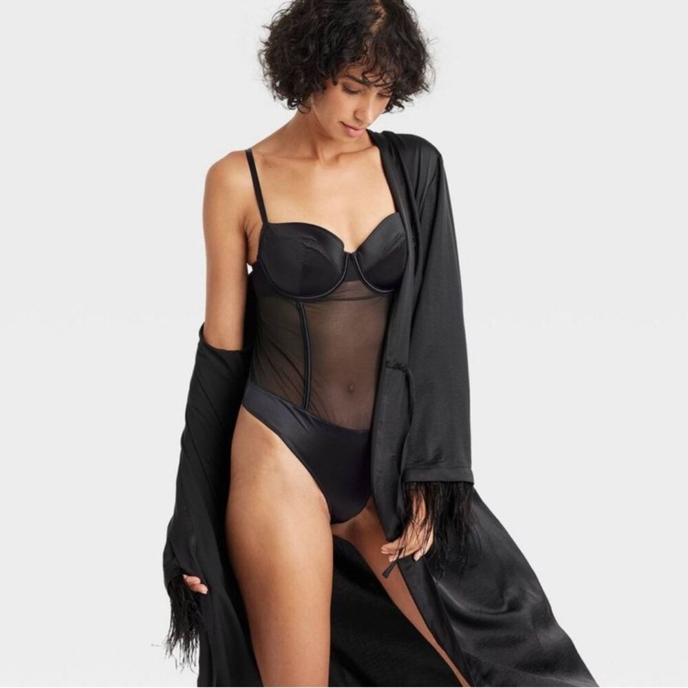 Auden Satin and Mesh Lightly Lined Black Lingerie Bodysuit - Size Medium NWT